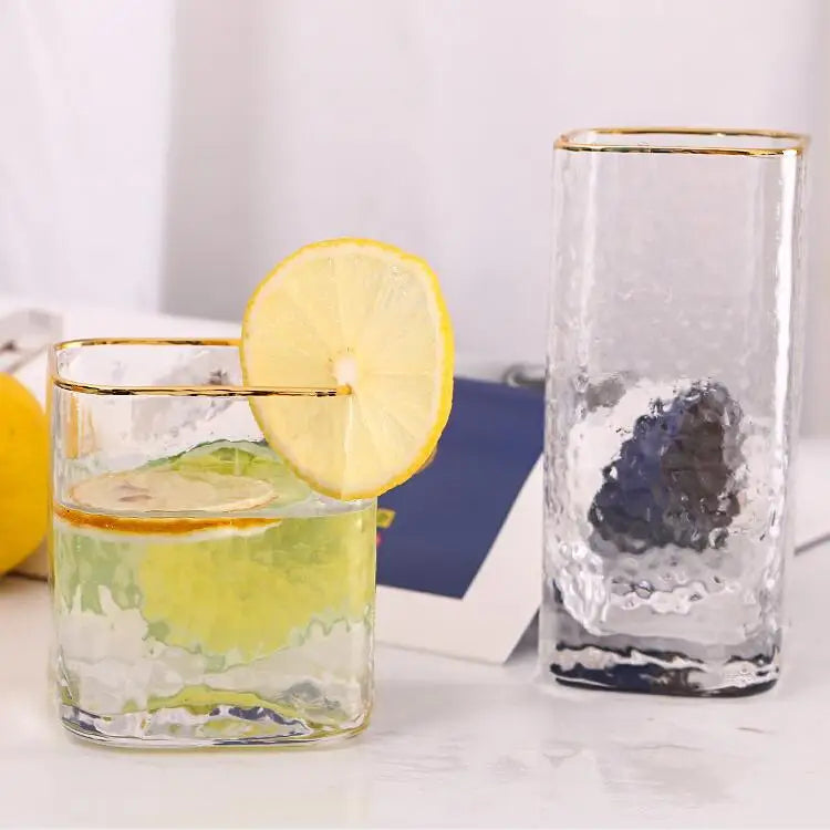 Tasses en verre carrées de style japonais avec bord doré – 6 piece