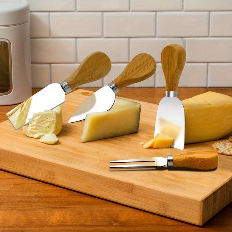 Trancheuse à Fromage en Acier Inoxydable avec Manche en Bois, 4 Pièces.