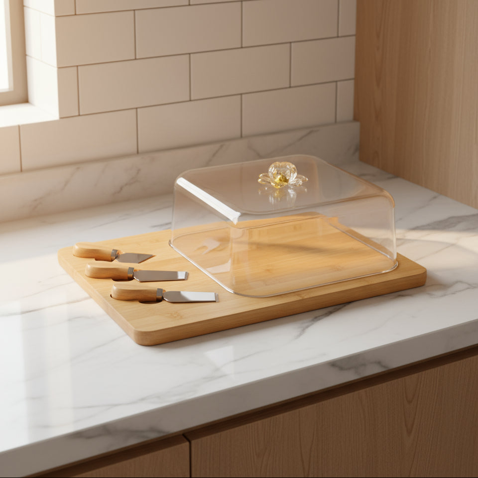 Plateau à Fromage en Bambou avec Cloche & Couteaux