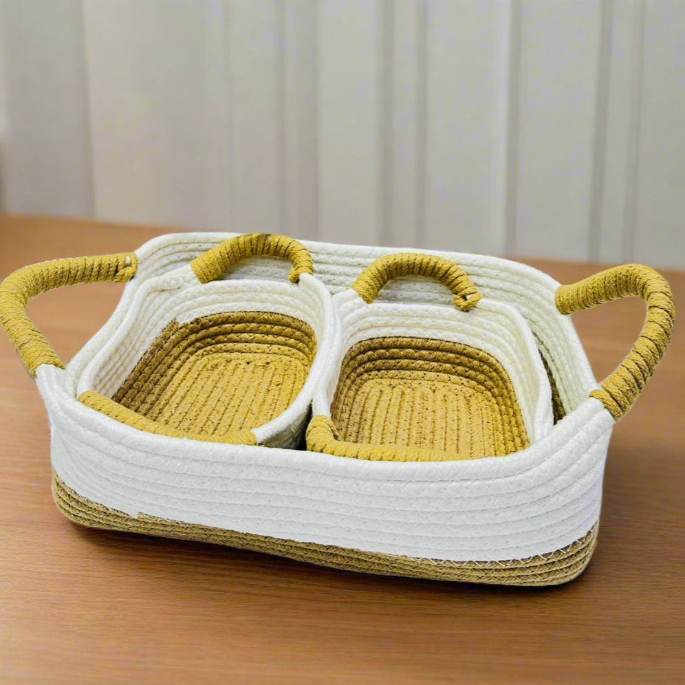 Lot de 3 Paniers de Rangement en Corde de Paille & Coton avec Poignées
