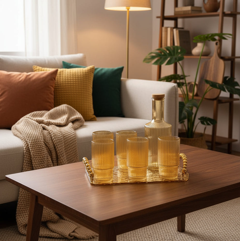 Service à eau en verre doré avec plateau 8 Piece