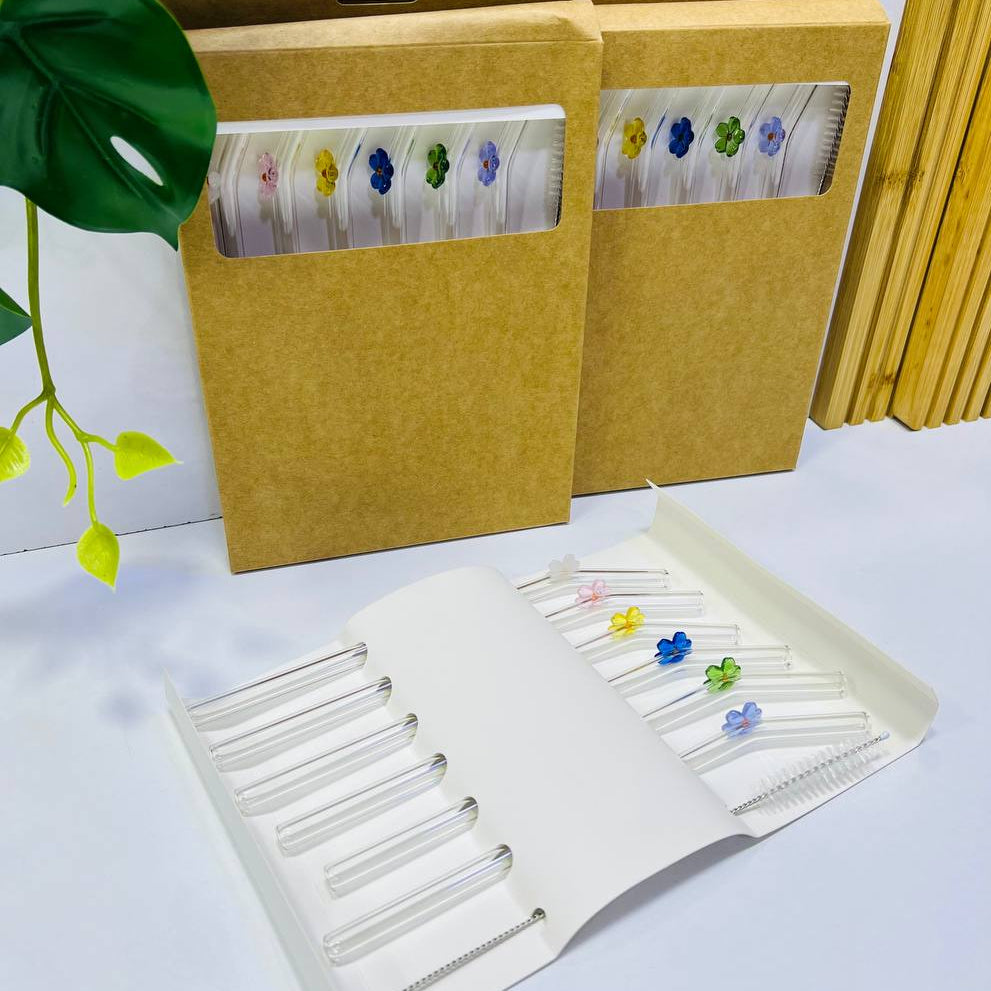 6 Pailles Réutilisables en Verre Borosilicate – Collection Fleur