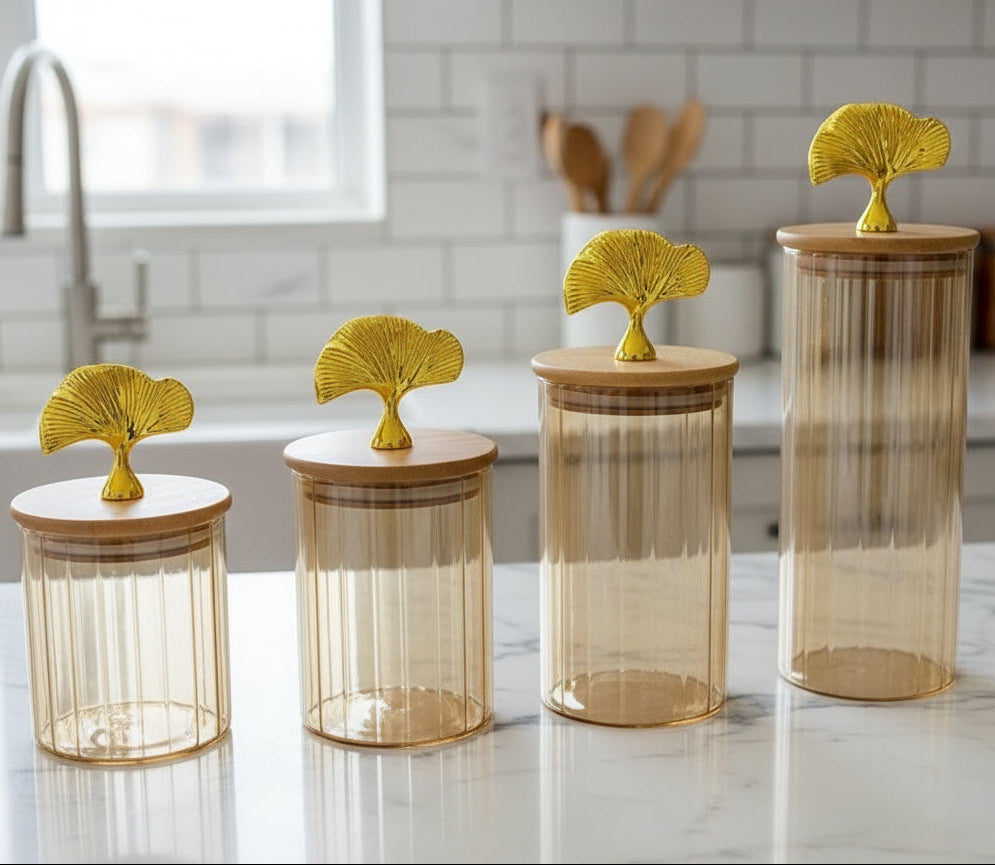 Set de bocaux décoratifs en verre irisé avec couvercles en bois et poignée dorée