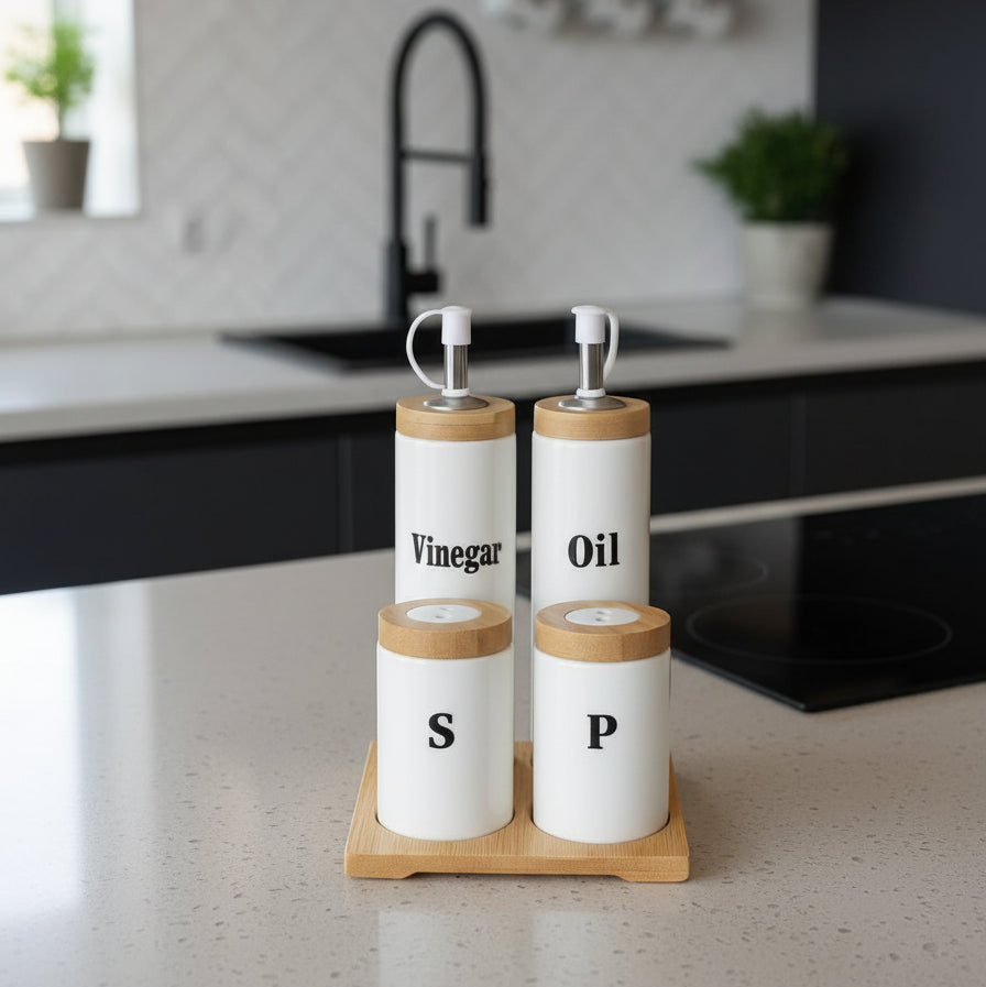 Set d’assaisonnement Huilier, Vinaigrier, Sel & Poivre avec plateau en bambou