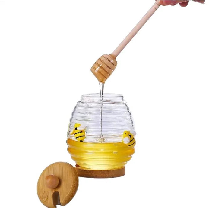 Pot à Miel en Verre Borosilicate avec Couvercle & Cuillère en Bambou