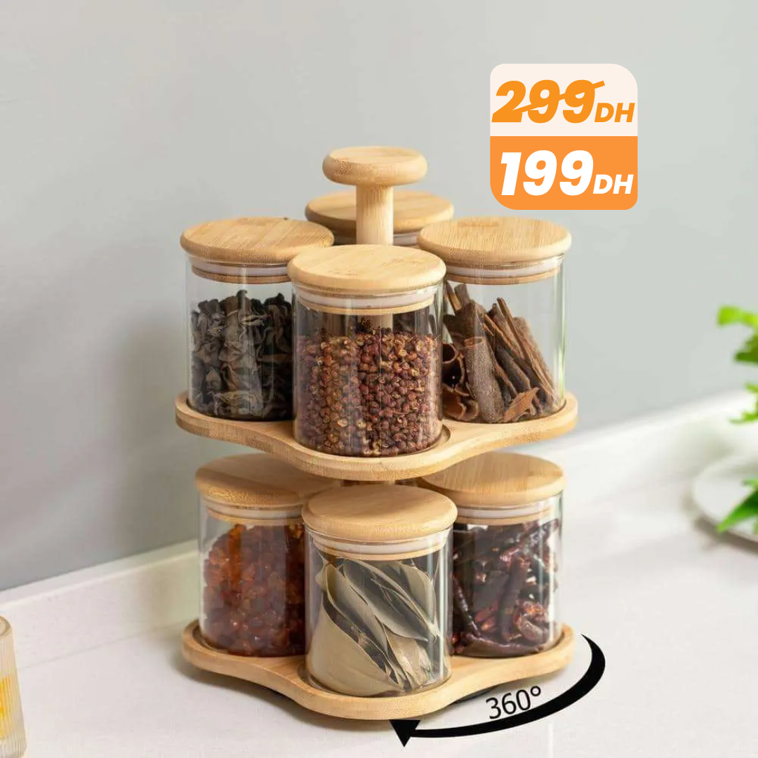 Ensemble de 8 Bocaux en Verre avec Support Rotatif en Bambou