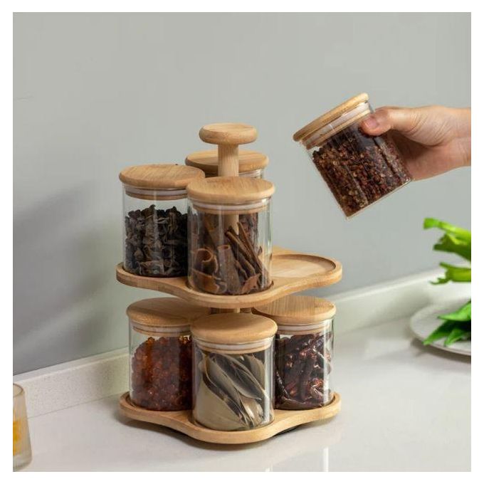 Ensemble de 8 Bocaux en Verre avec Support Rotatif en Bambou