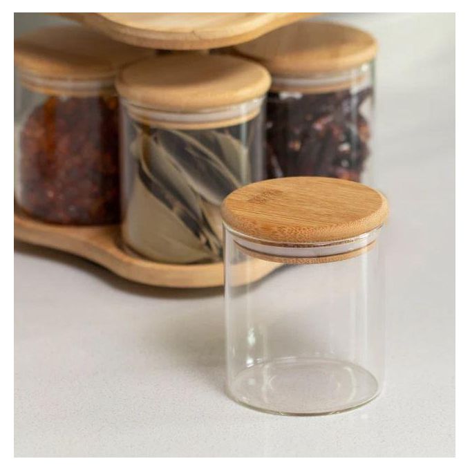 Ensemble de 8 Bocaux en Verre avec Support Rotatif en Bambou