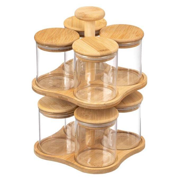 Ensemble de 8 Bocaux en Verre avec Support Rotatif en Bambou