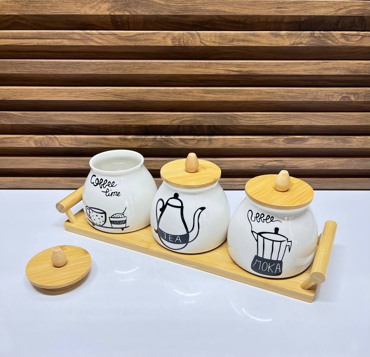 Ensemble de pots en céramique pour thé, café et sucre, avec couvercles et plateau en bois