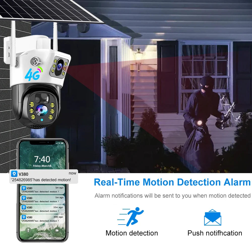 Caméra de Surveillance Solaire 4G Sans Fil – Triple Objectif 6K 12MP | Compatible V380 Pro