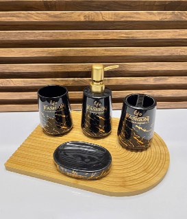 Ensemble de 4 Accessoires de Salle de Bain en Céramique avec Plateau en Bois - Design Élégant et Sophistiqué