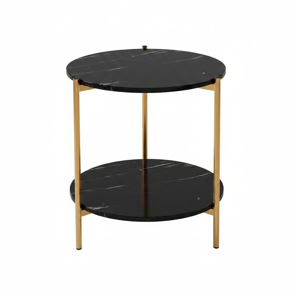 Table d'Appoint Ronde Effet Marbre Noir – Bout de Canapé Luxe et Pieds Dorés