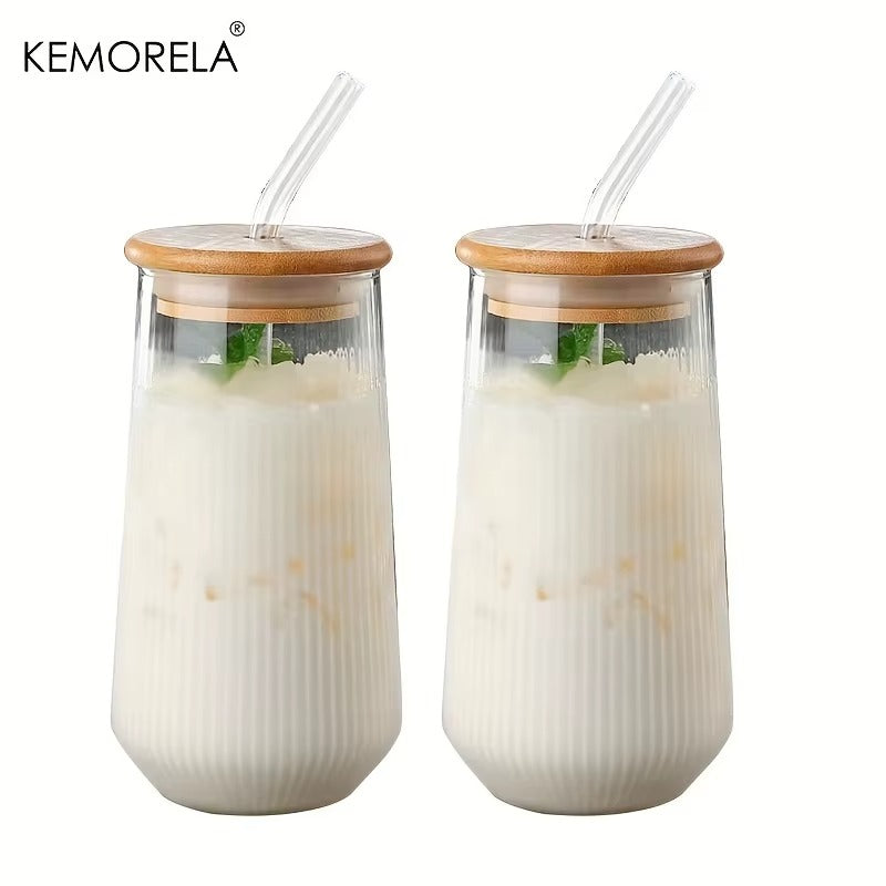 3 Tasse en verre avec couvercle et paille Grande à rayures verticales