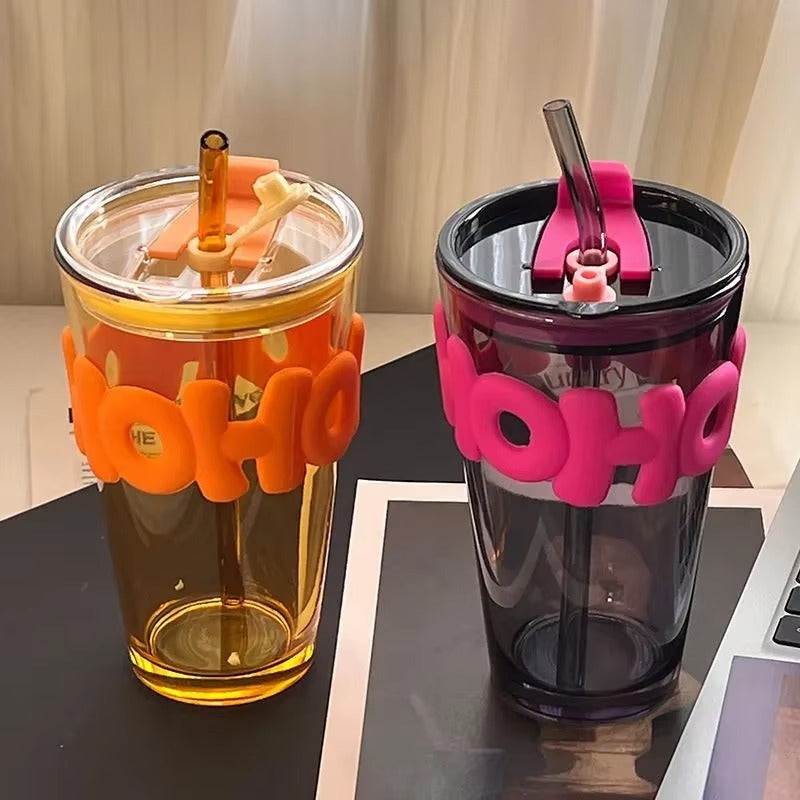 Tasse en verre créative avec couvercle en paille et manchon tendance résistant à la chaleur
