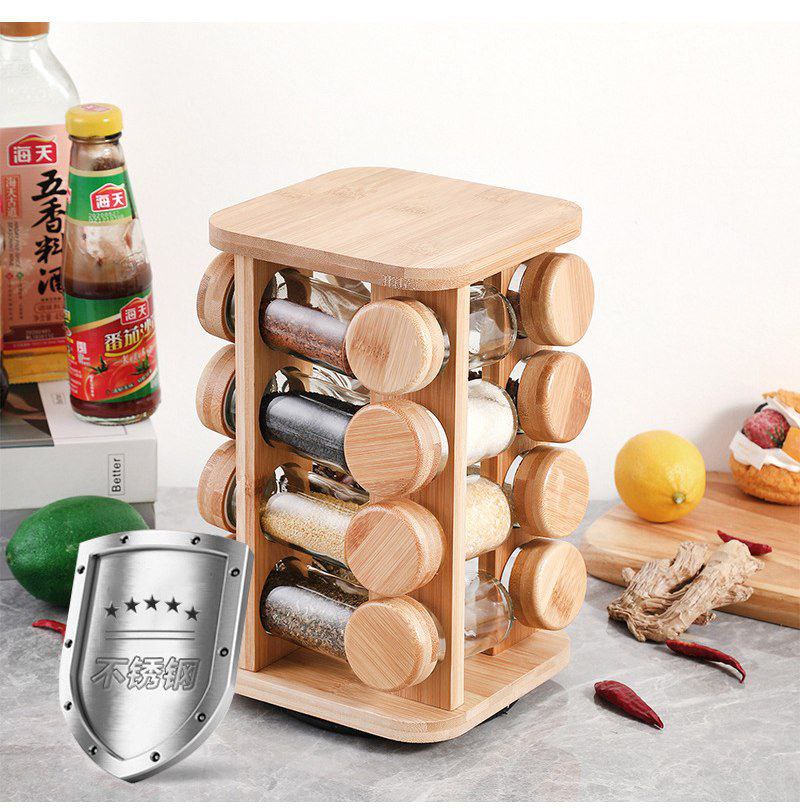 Étagère à Épices Rotative en Bambou - 16 Pièces