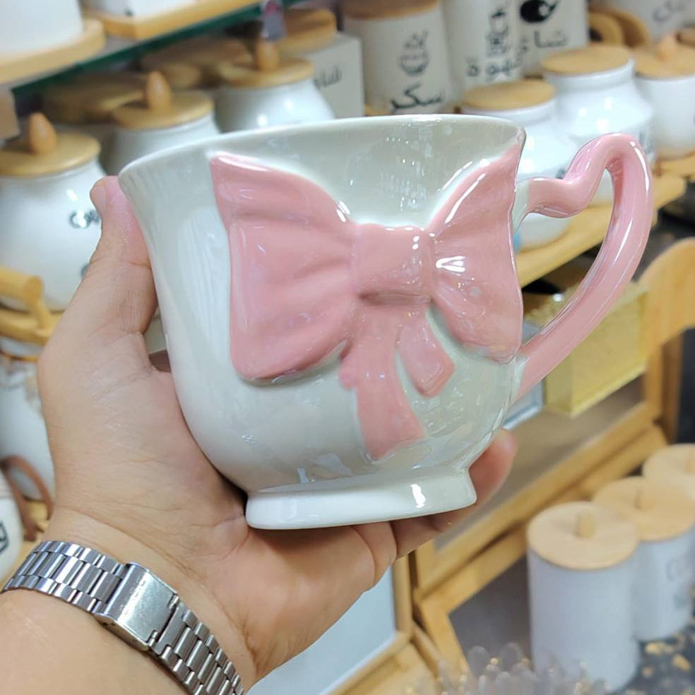 Ensemble 2 Tasse en Céramique Ruban et Poignée Cœur – Mug Romantique Coquette Style