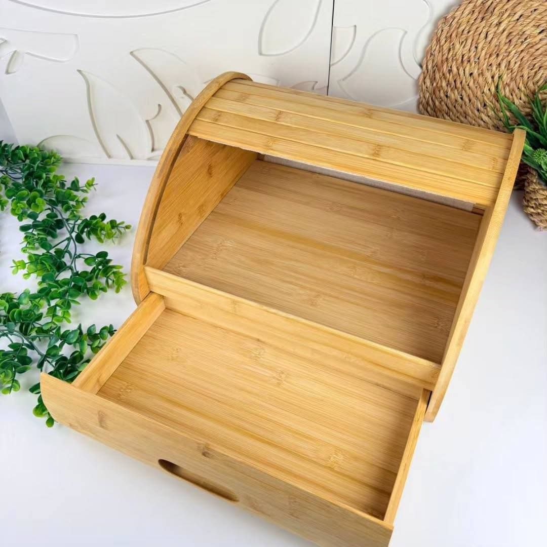 Boîte à Pain en Bambou Double Niveau – Huche à Pain avec Tiroir à Couverts