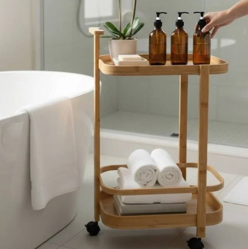 Desserte de Salle de Bain en Bambou à Roulettes – Chariot de Rangement Spa