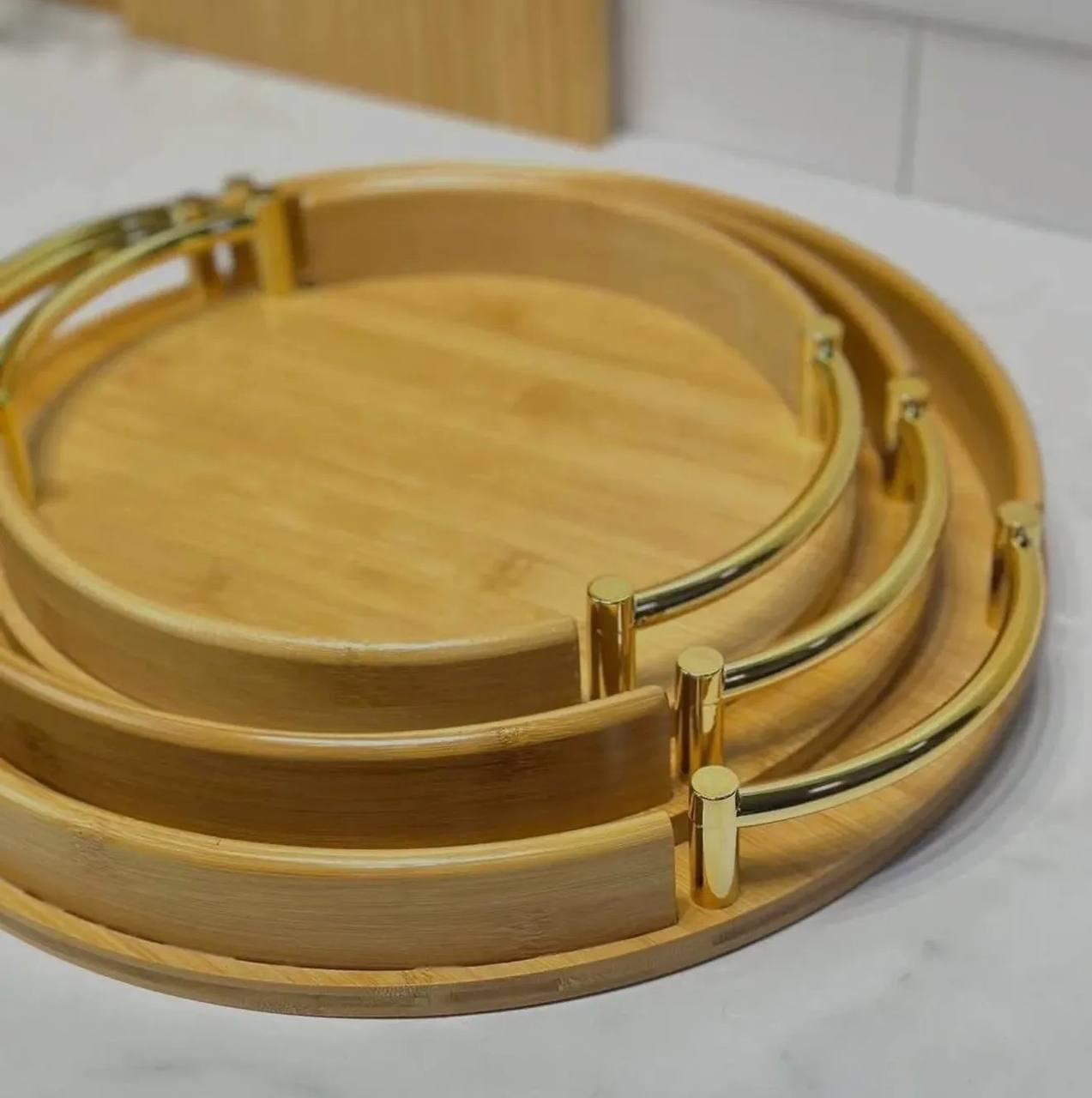 Lot de 3 Plateaux Ronds en Bambou avec Poignées Dorées