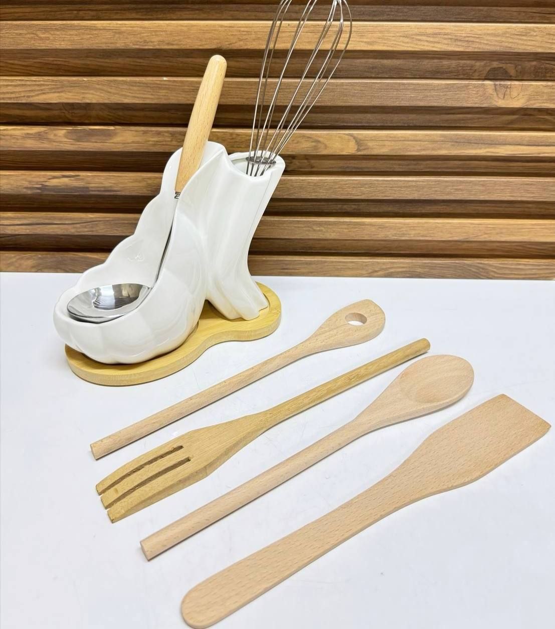 Support d'Ustensiles de Cuisine Design Vague avec Base en Bois