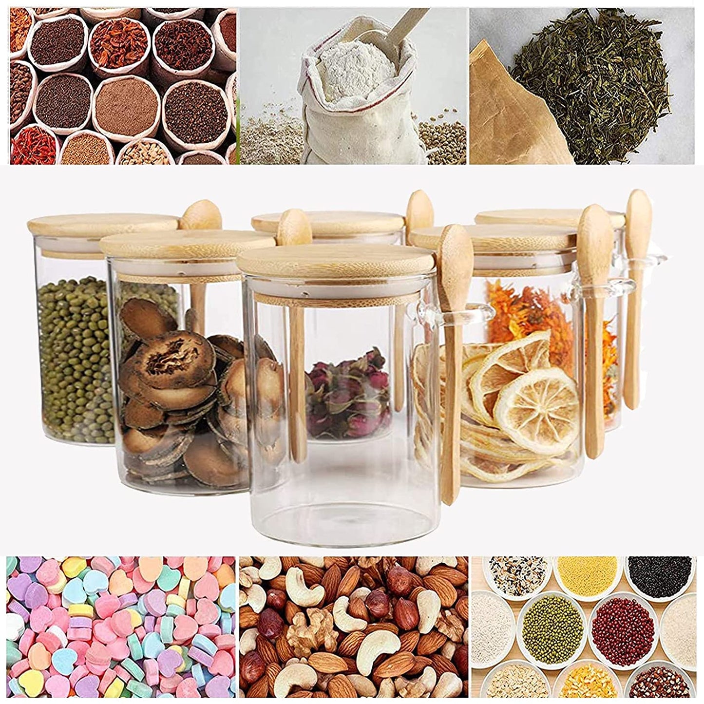 3 Boîte de Rangement en Verre Transparent avec Cuillère en Bois - 500 ml