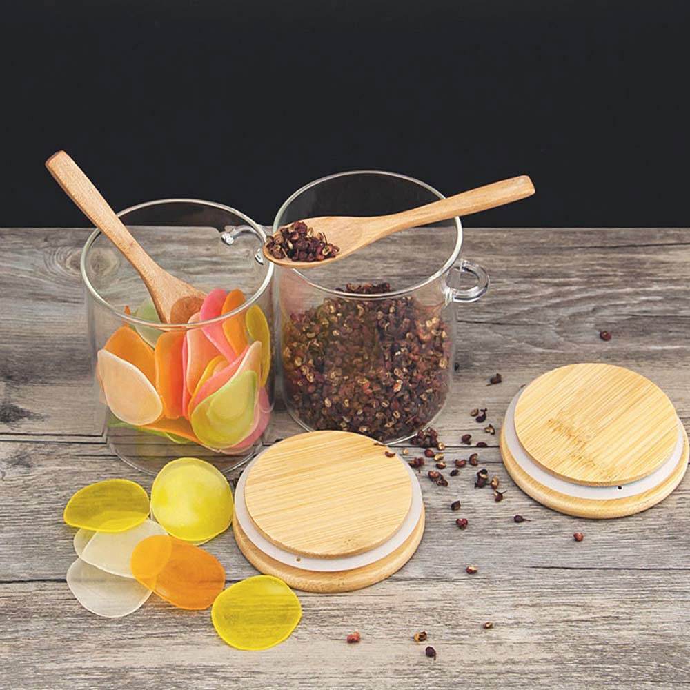 3 Boîte de Rangement en Verre Transparent avec Cuillère en Bois - 500 ml