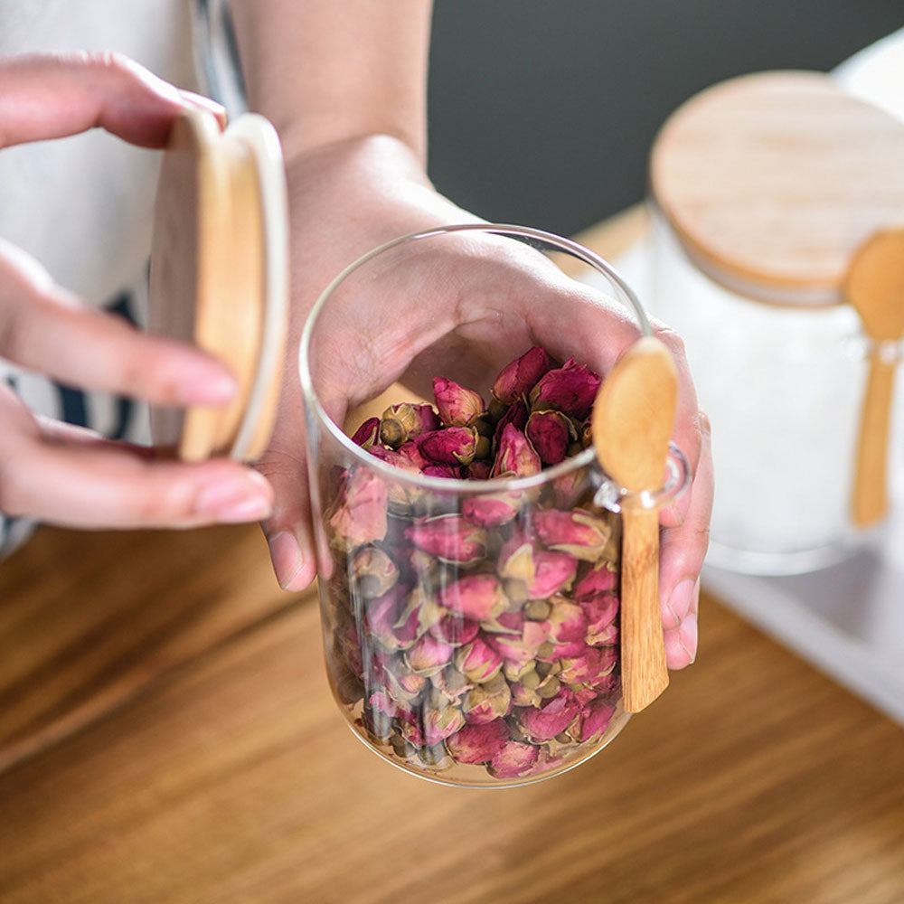 3 Boîte de Rangement en Verre Transparent avec Cuillère en Bois - 500 ml