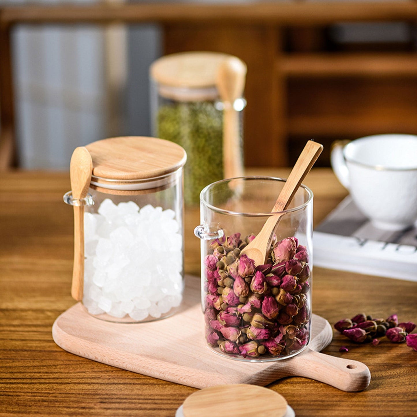 3 Boîte de Rangement en Verre Transparent avec Cuillère en Bois - 500 ml