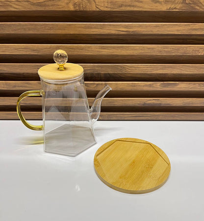 Théière et Cafetière en Verre avec Poignée en Cristal et Base en Bois