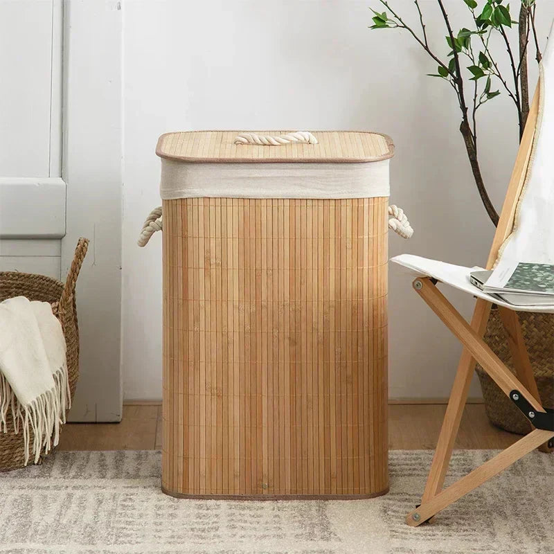 Panier à Linge Rectangulaire Pliable en Bambou avec Couvercle