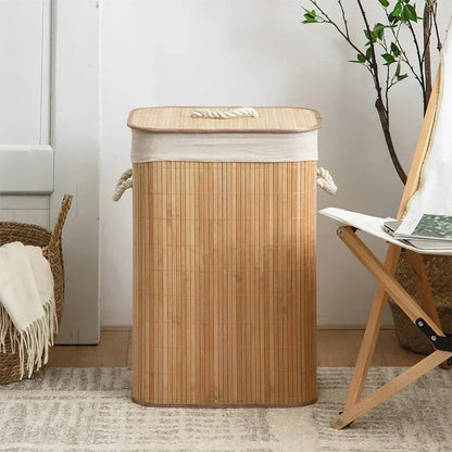 Panier à Linge Rectangulaire Pliable en Bambou avec Couvercle