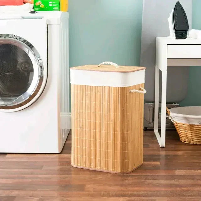 Panier à Linge Rectangulaire Pliable en Bambou avec Couvercle