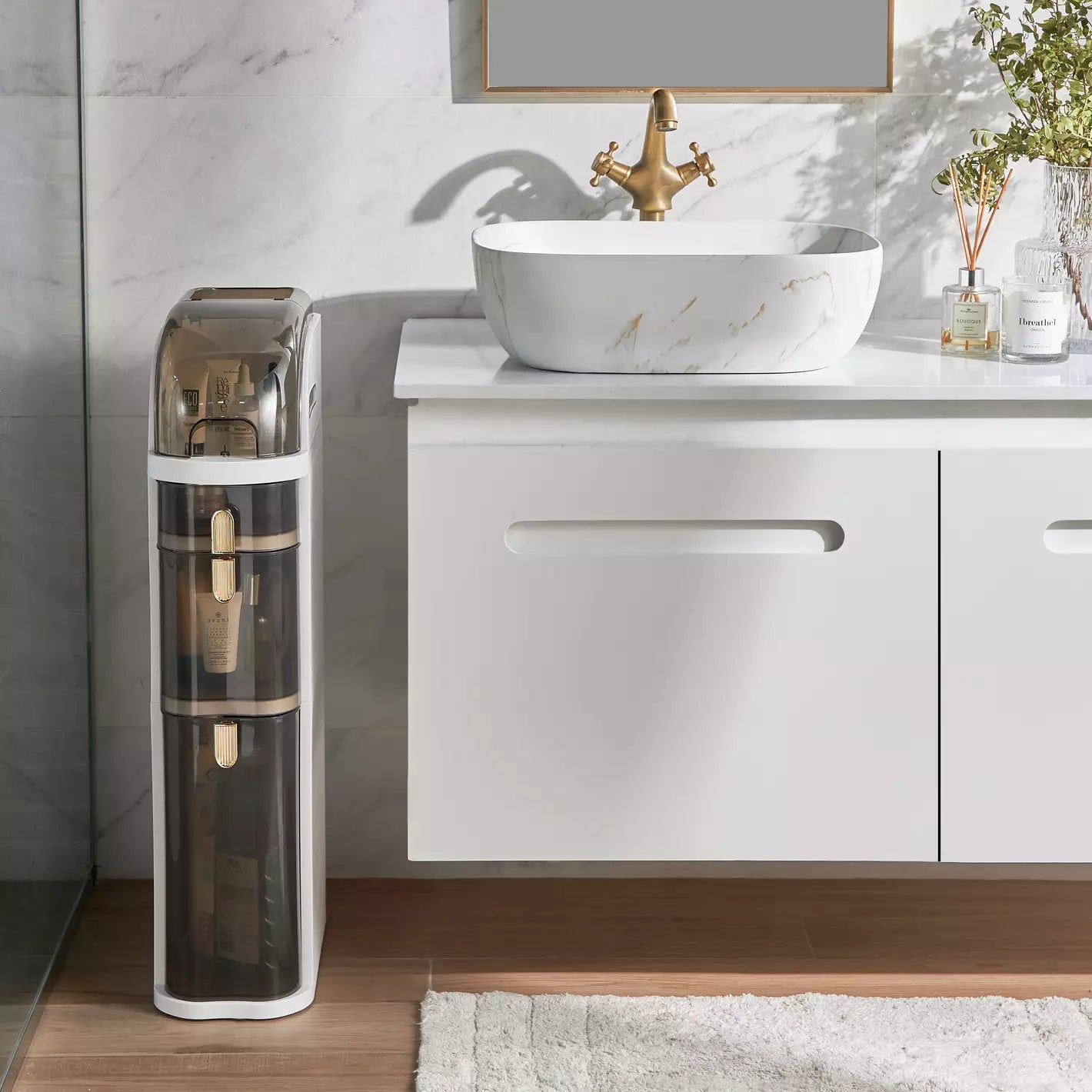 Meuble de Rangement Fin avec Roulettes et Tiroirs Transparents – Organisateur Gain de Place pour Salle de Bain