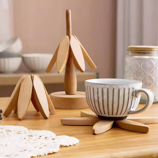 Ensemble de sous-verres pliables en bambou avec support pour tasses - Design arbre