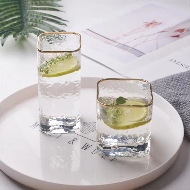 Tasses en verre carrées de style japonais avec bord doré –  6 piece