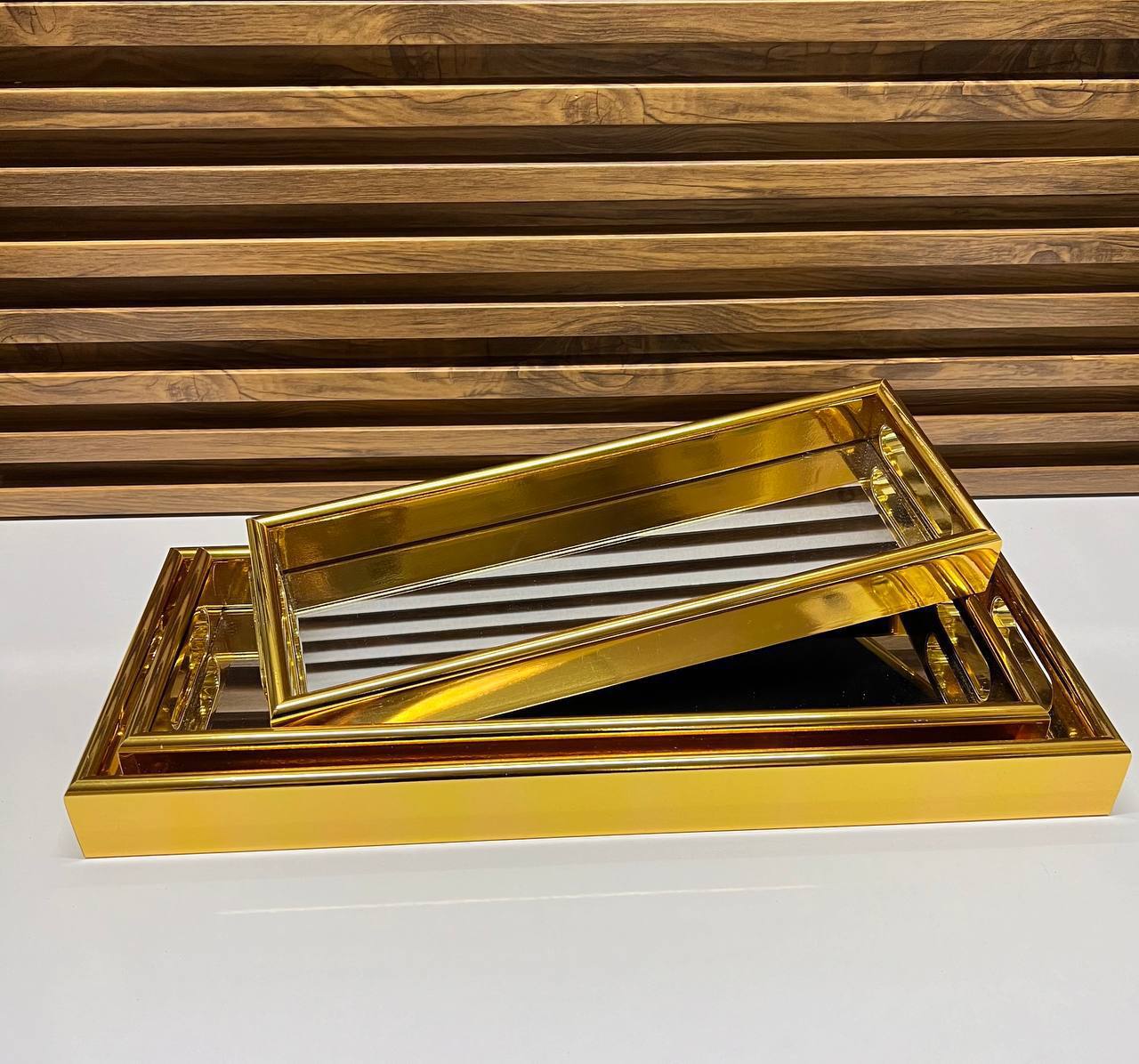 Ensemble de 3 Plateaux de Service en Bambou avec Poignées Dorées