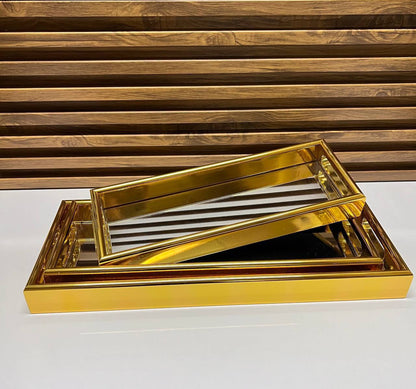 Ensemble de 3 Plateaux de Service en Bambou avec Poignées Dorées