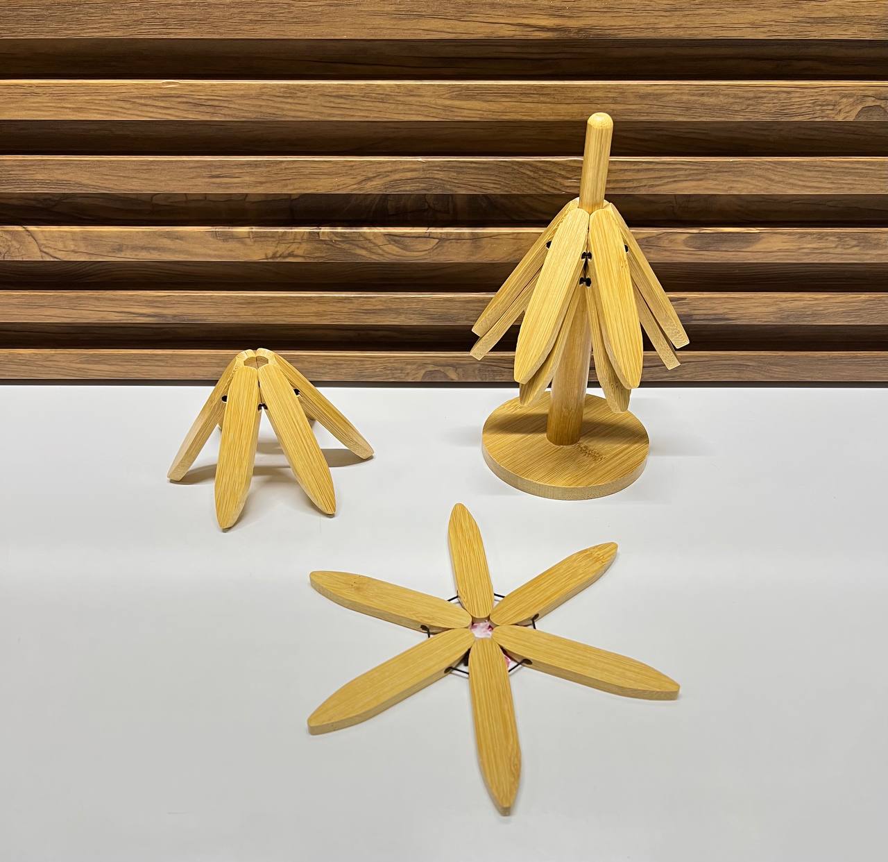 Ensemble de sous-verres pliables en bambou avec support pour tasses - Design arbre