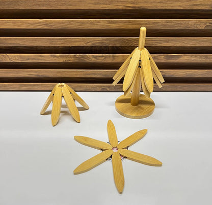 Ensemble de sous-verres pliables en bambou avec support pour tasses - Design arbre