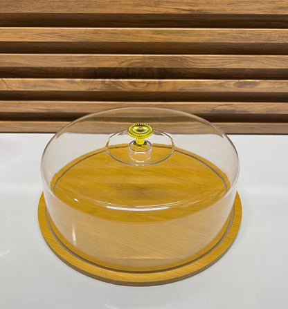 Plateau de service rond en bambou avec cloche de protection et poignée dorée