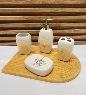 Ensemble de 4 Accessoires de Salle de Bain en Céramique avec Plateau en Bois - Design Élégant et Sophistiqué