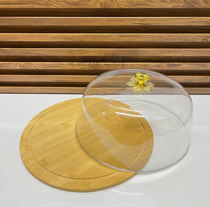 Plateau de service rond en bambou avec cloche de protection et poignée dorée