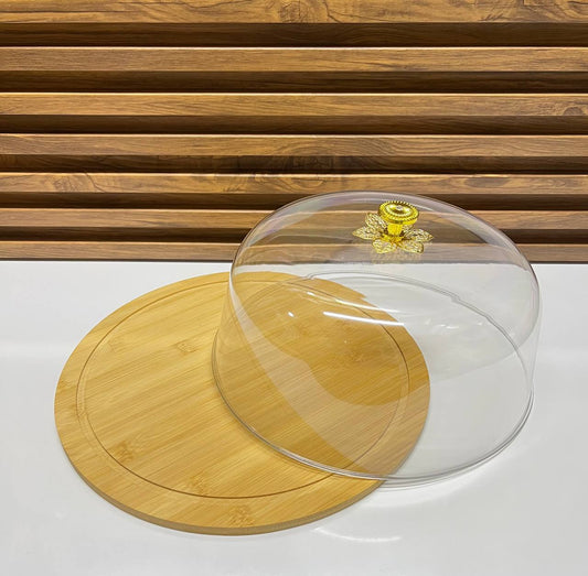 Plateau de service rond en bambou avec cloche de protection et poignée dorée