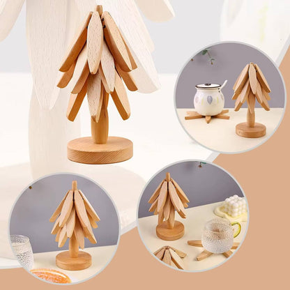 Ensemble de sous-verres pliables en bambou avec support pour tasses - Design arbre