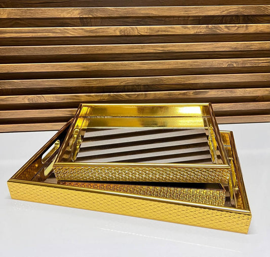 Ensemble de 3 Plateaux de Service en Bambou avec Poignées Dorées