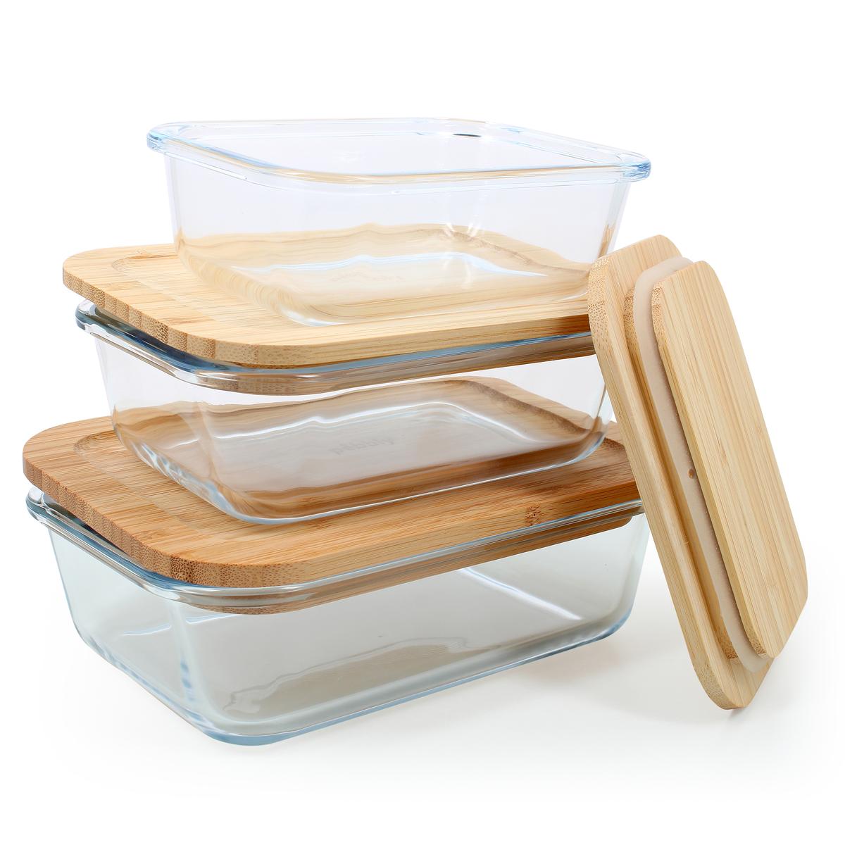 Lot de 3 Boîtes de Conservation en Verre et Bambou