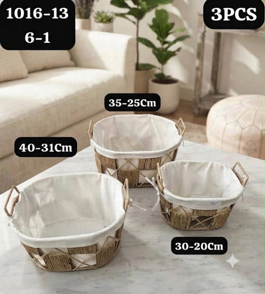 Set de 3 Paniers Ronds en Fibres Tressées avec Doublure Tissu