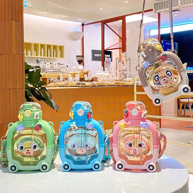 Bouteille d'eau enfant 1000ml avec motif ours et paille intégrée