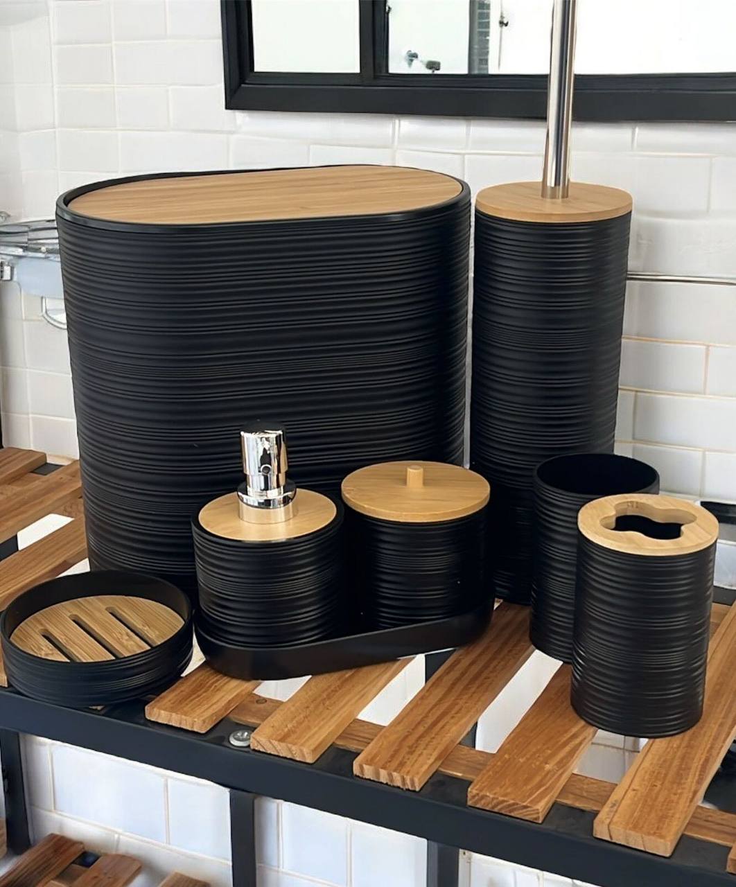 Ensemble d'Accessoires de Salle de Bain Noir &amp; Bambou – Set Complet 7 Pièces